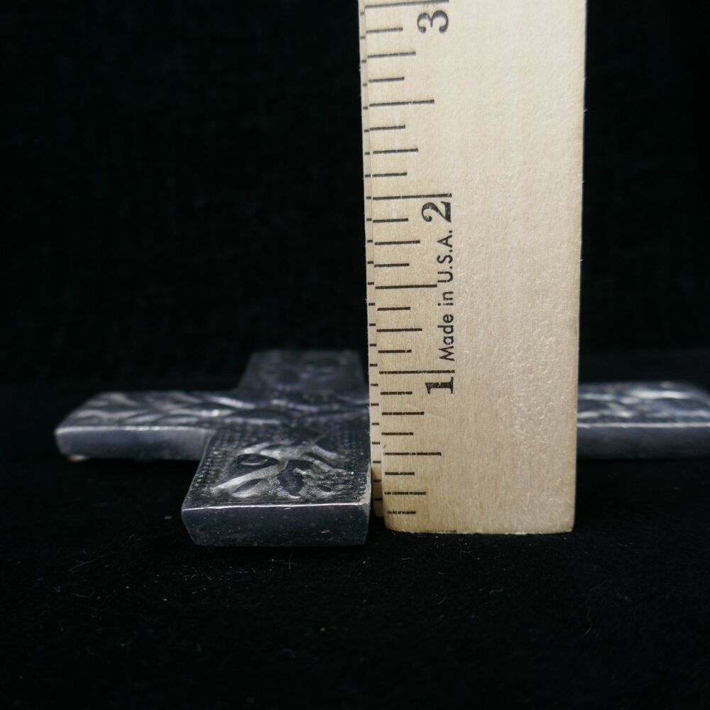 Polished Cast Pewter Wall Cross Embossed Leaves Flames 5 inch - Picture 4 of 6
